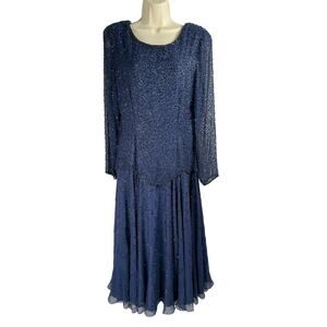 Vintage Peak Evenings Dress Womens 8 Navy Beaded Long Sheer Sleeves Maxi